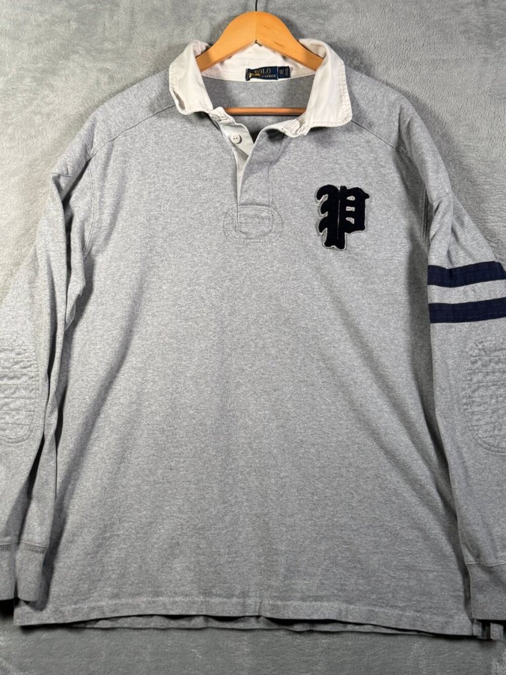 Polo Ralph Lauren Rugby Shirt Mens 2XLT 2XL Tall Gray Patch 67 Gothic P *FLAW